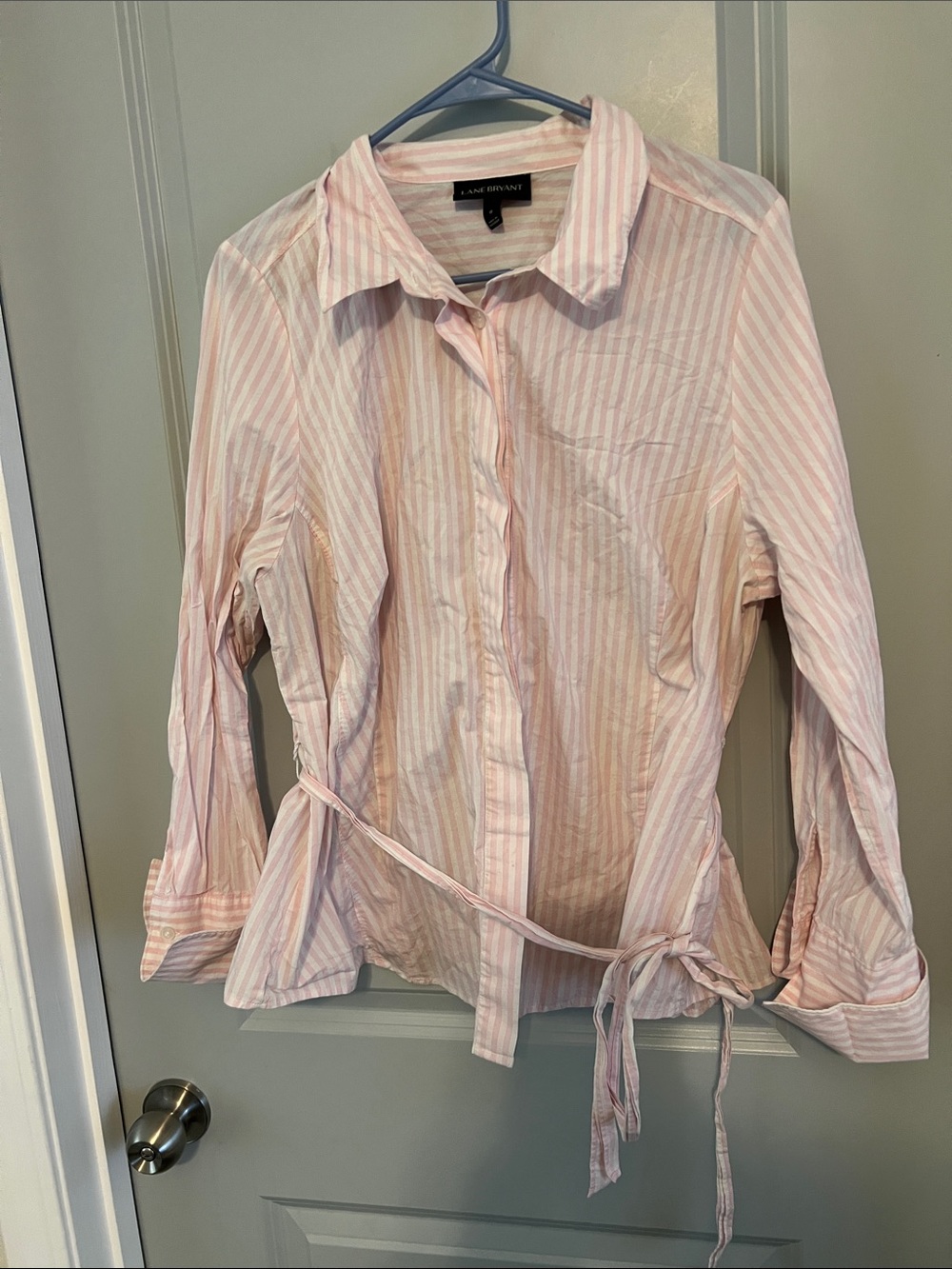 Lane Bryant Light Pink Striped Button-Down with Waist Tie